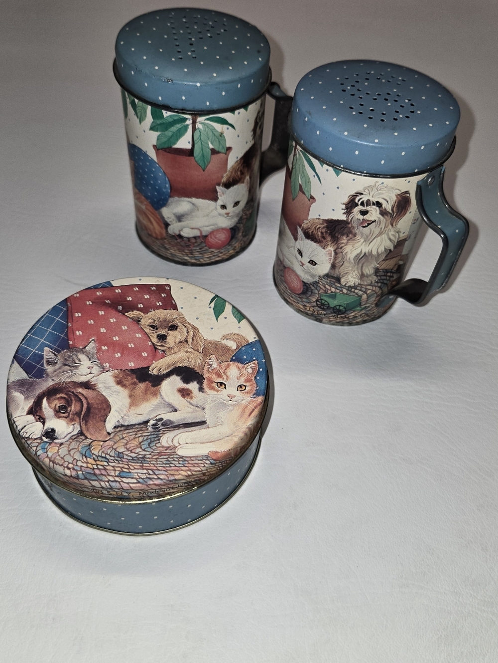 vintage JSNY puppy dog and kitty cat tin salt and pepper shakers with Coasters